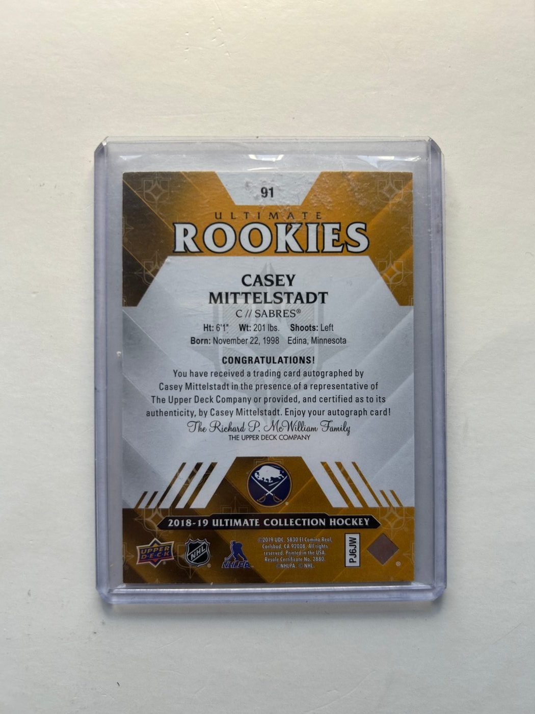 Casey Mittelstadt Ultimate Rookies /99 Auto UD Ultimate Collection 2018-19 #91 2