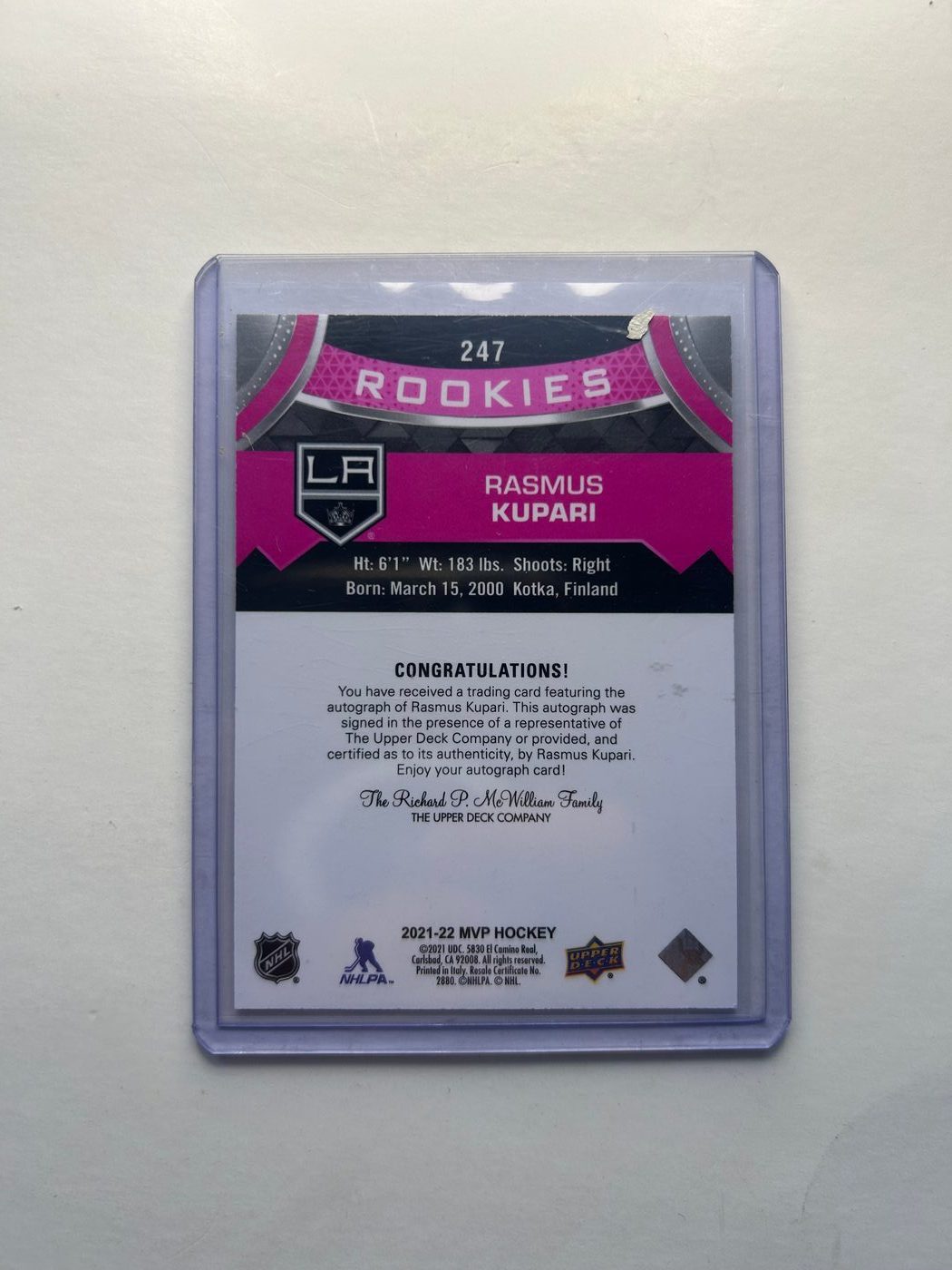 2021-22 Upper Deck MVP Rookie Magenta Auto Rasmus Kupari 2