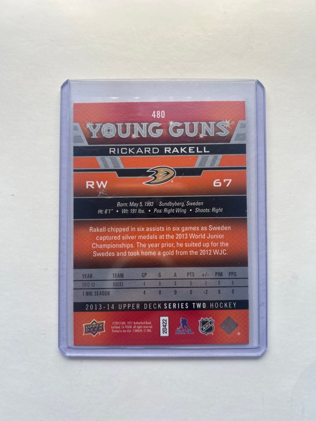 2013-14 Upper Deck Rickard Rakell Young Guns #480 2