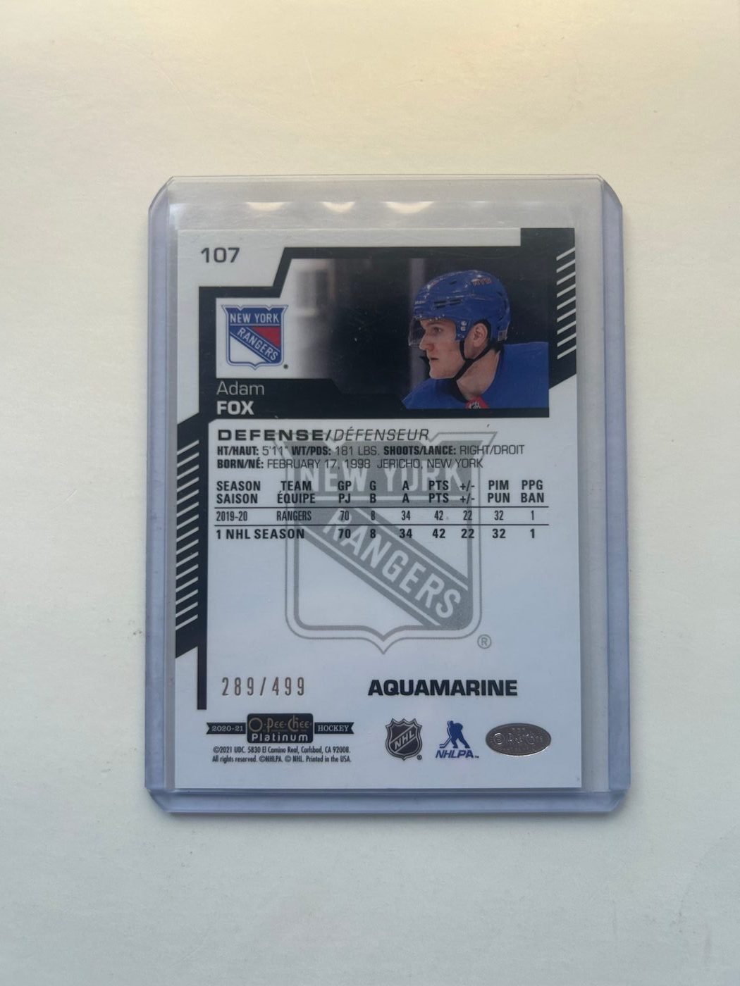 2020-21 O-Pee-Chee Platinum Aquamarine /499 Adam Fox #107 2