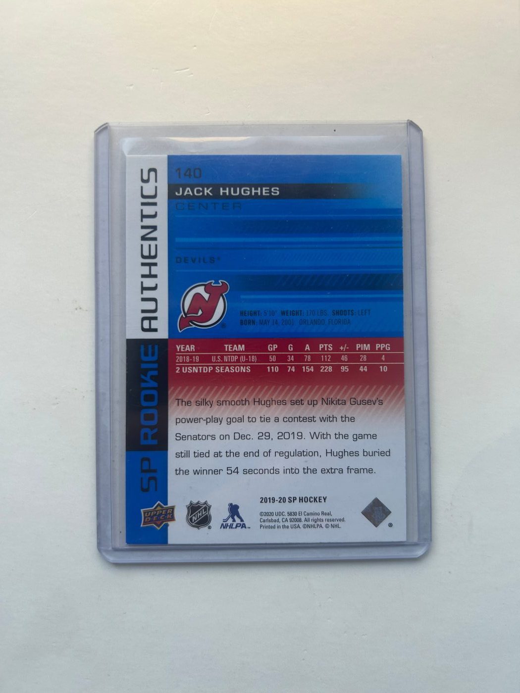 2019-20 Jack Hughes Rookie UD-SP Authentic Blue Parallel #140 2