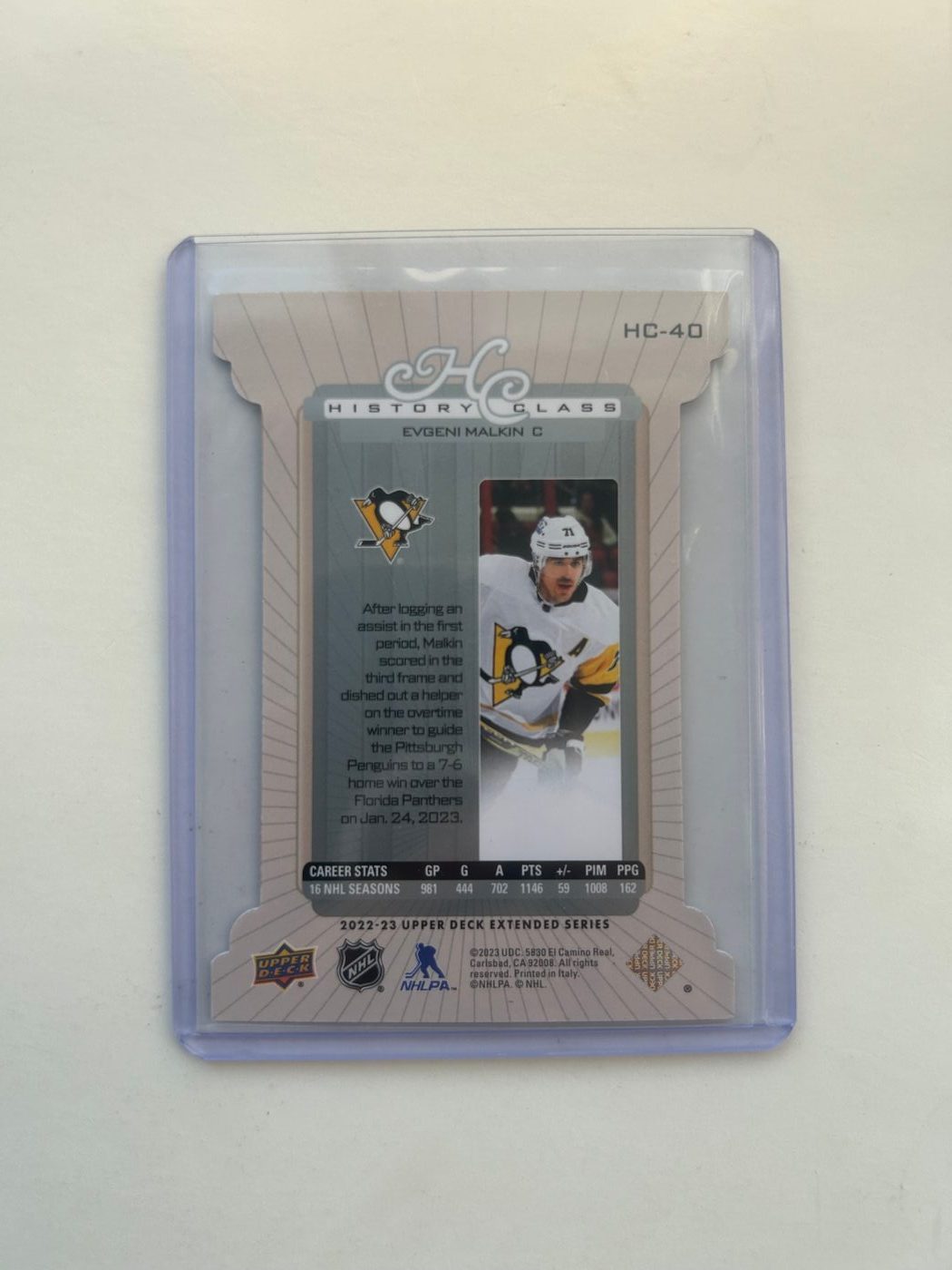 2022-23 UD #HC-40 Evgeni Malkin History Class Die Cut /100 2