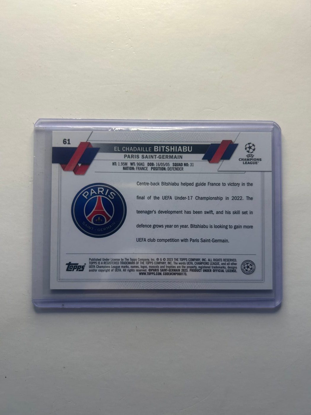 2022-23 Topps Chrome UEFA Club Competitions El Chadaille Bitshiabu Base #61 2