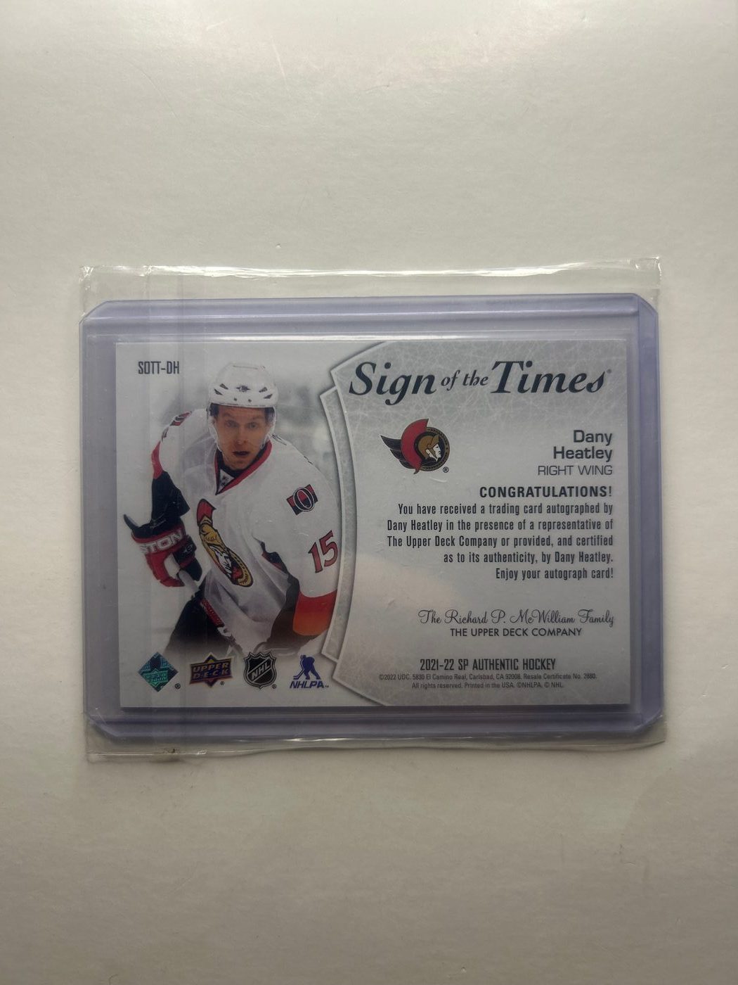Dany Heatley 2021-22 SP Authentic Sign Of The Times #SOTT-DH 2