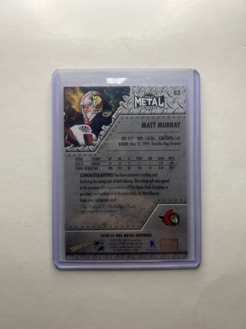 2020-21 Skybox Metal Universe Base Autograph Matt Murray #83 2