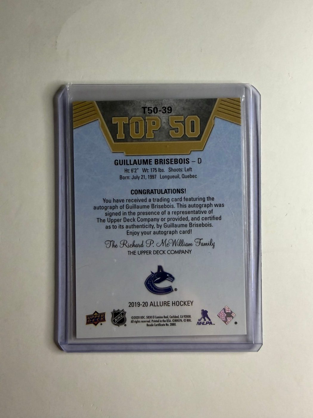 2019-20 Allure Hockey Top 50 Guillame Brisebois 2