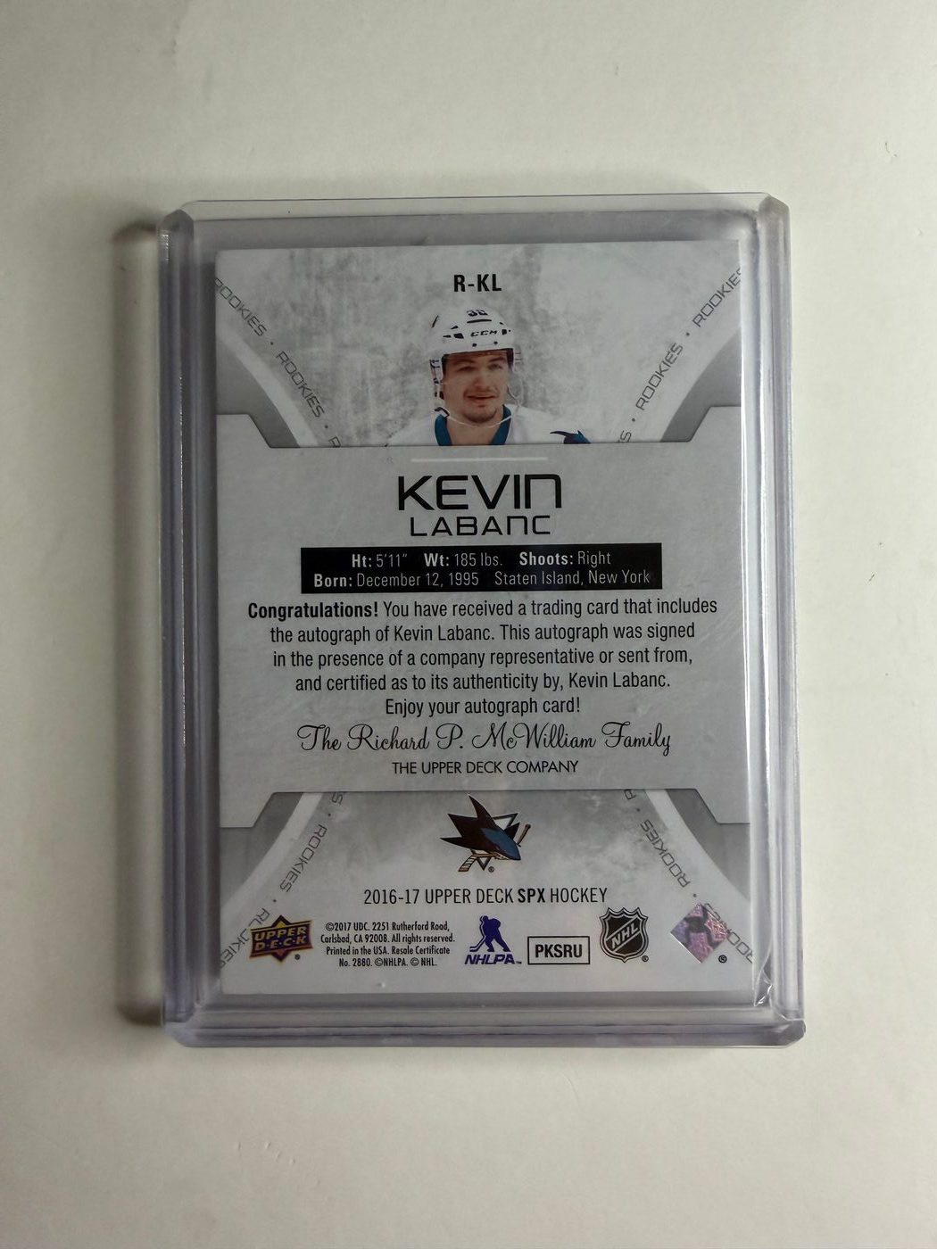 2016-17 SPX Rookies Blue Auto /165 Kevin Labanc 2