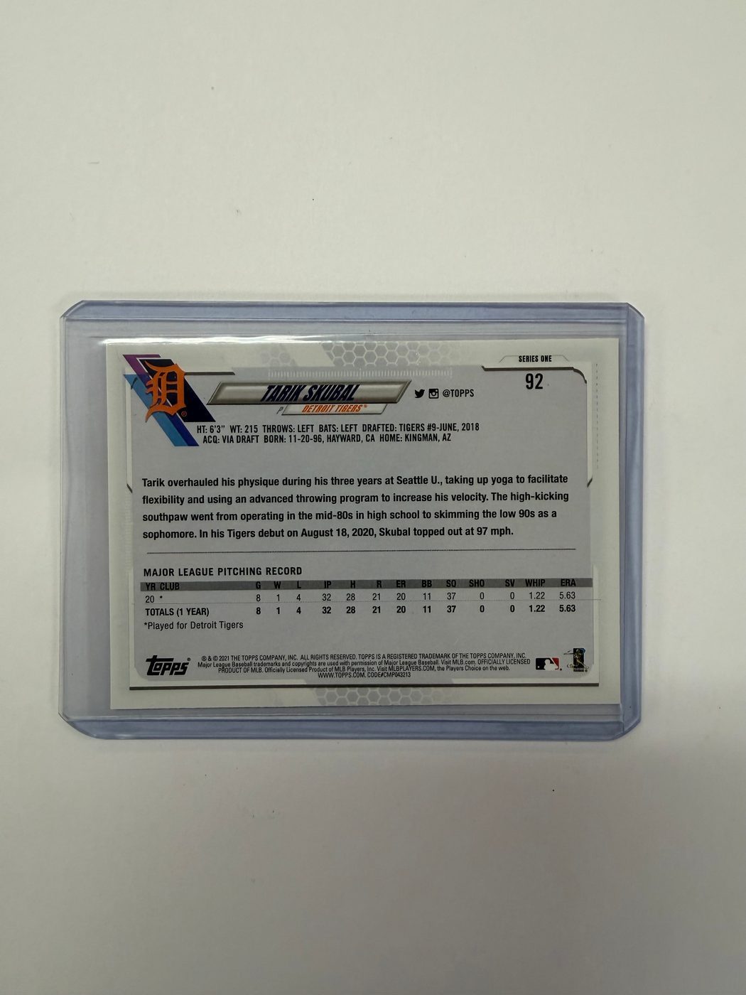 2021 Topps Series 1 One Base Rookie Card Tarik Skubal 2