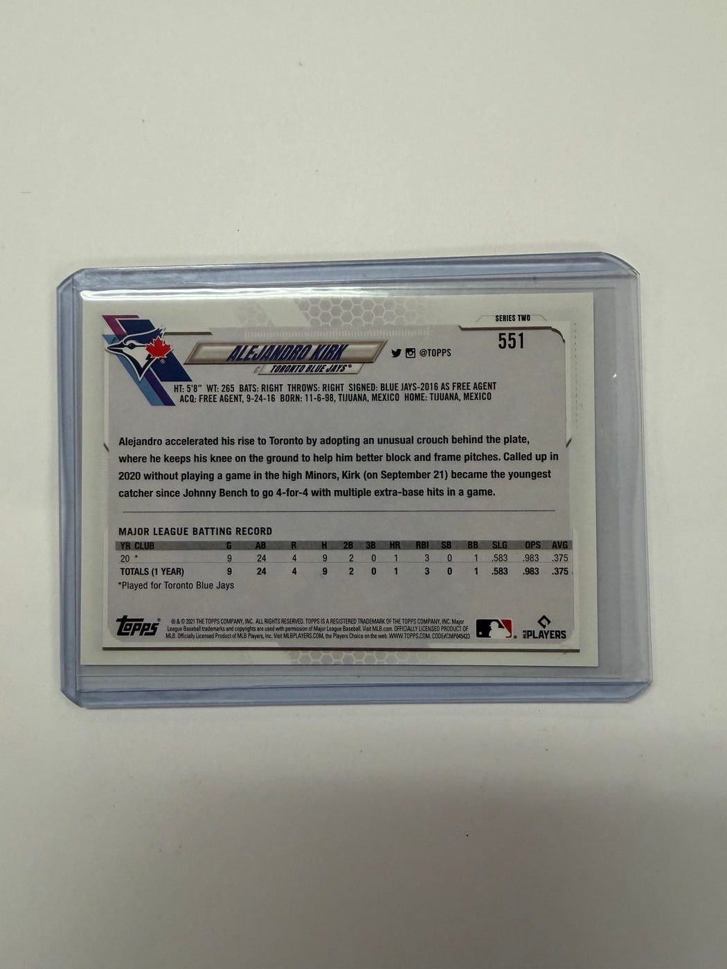 2021 Topps Series 1 One Base Rookie Card Alejandro Kirk 2