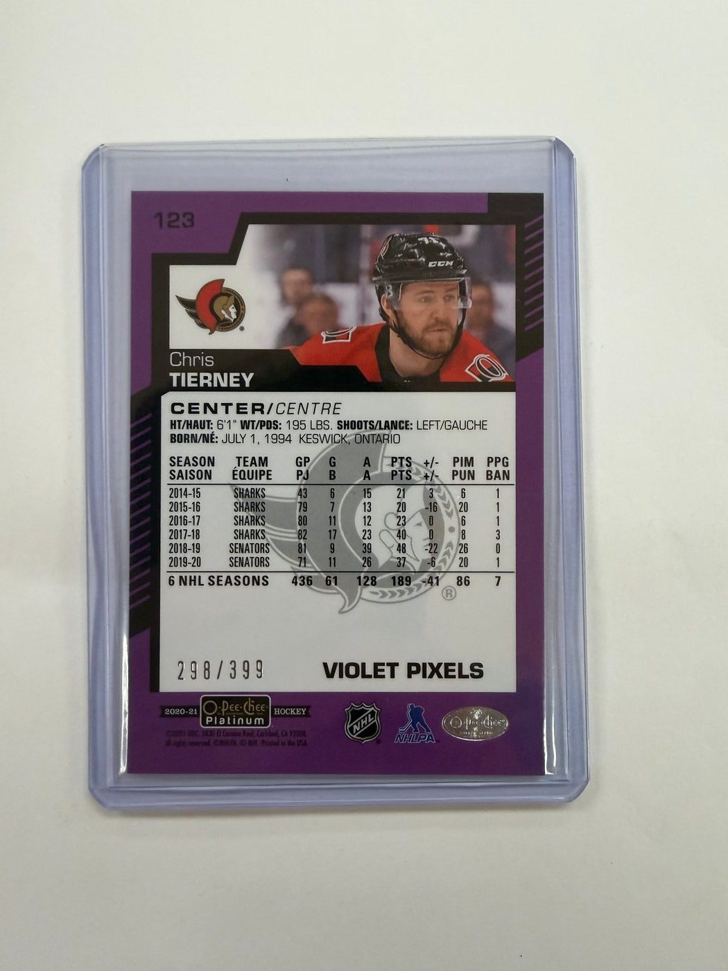 2020-21 O-Pee-Chee Platinum Violet Pixels /399 Chris Tierney 2