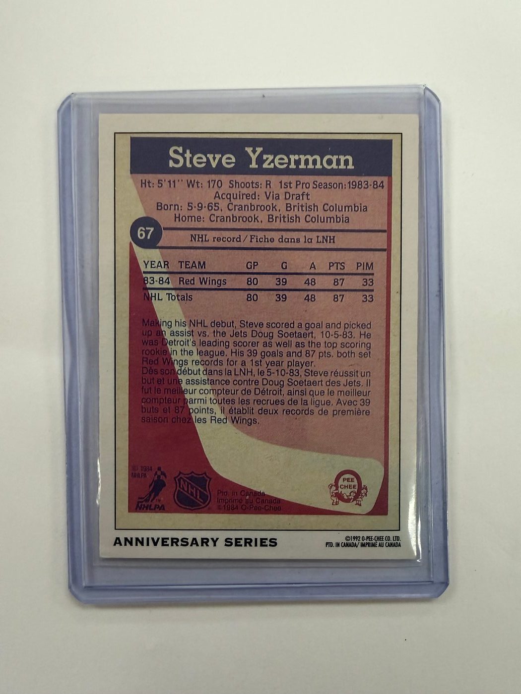 1992-93 O-Pee-Chee Rookie Card Anniversary Series Steve Yzerman 2