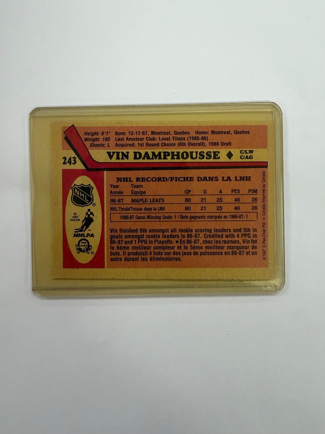 1987-88 O-Pee-Chee Rookie Card Vin Damphousse 2