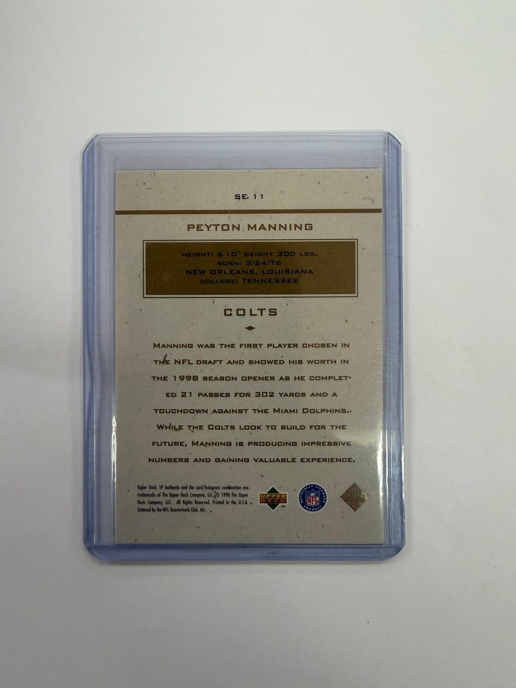 1998 Upper Deck SP Authentic Rookie Card Peyton Manning 2