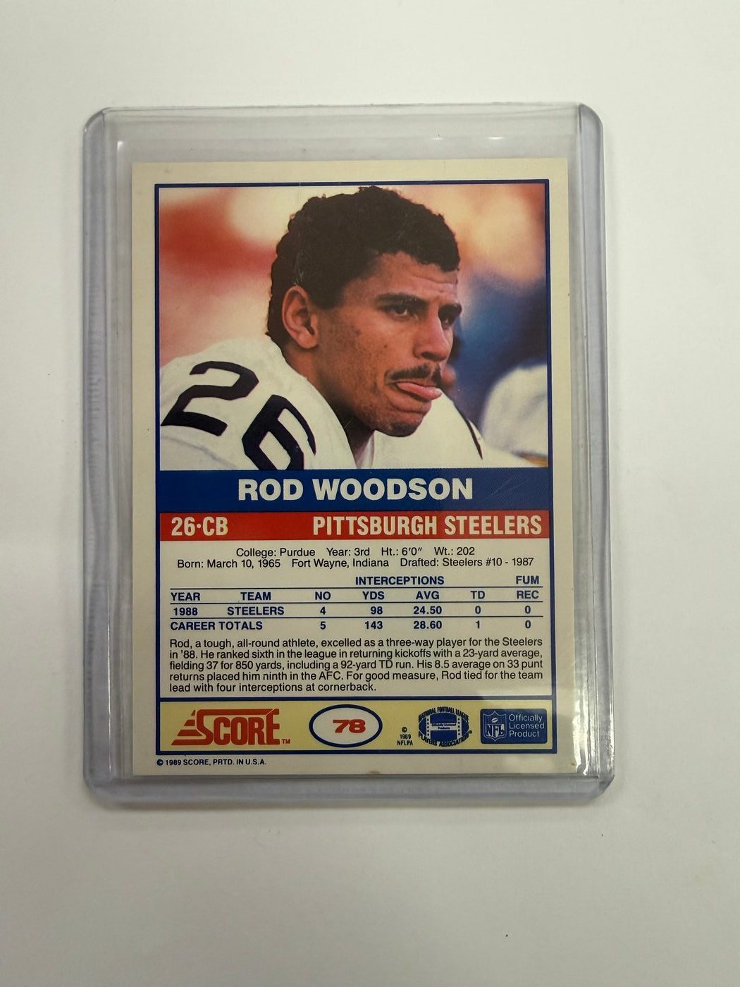 1989 Score Football Rookie Card Rod Woodson 2