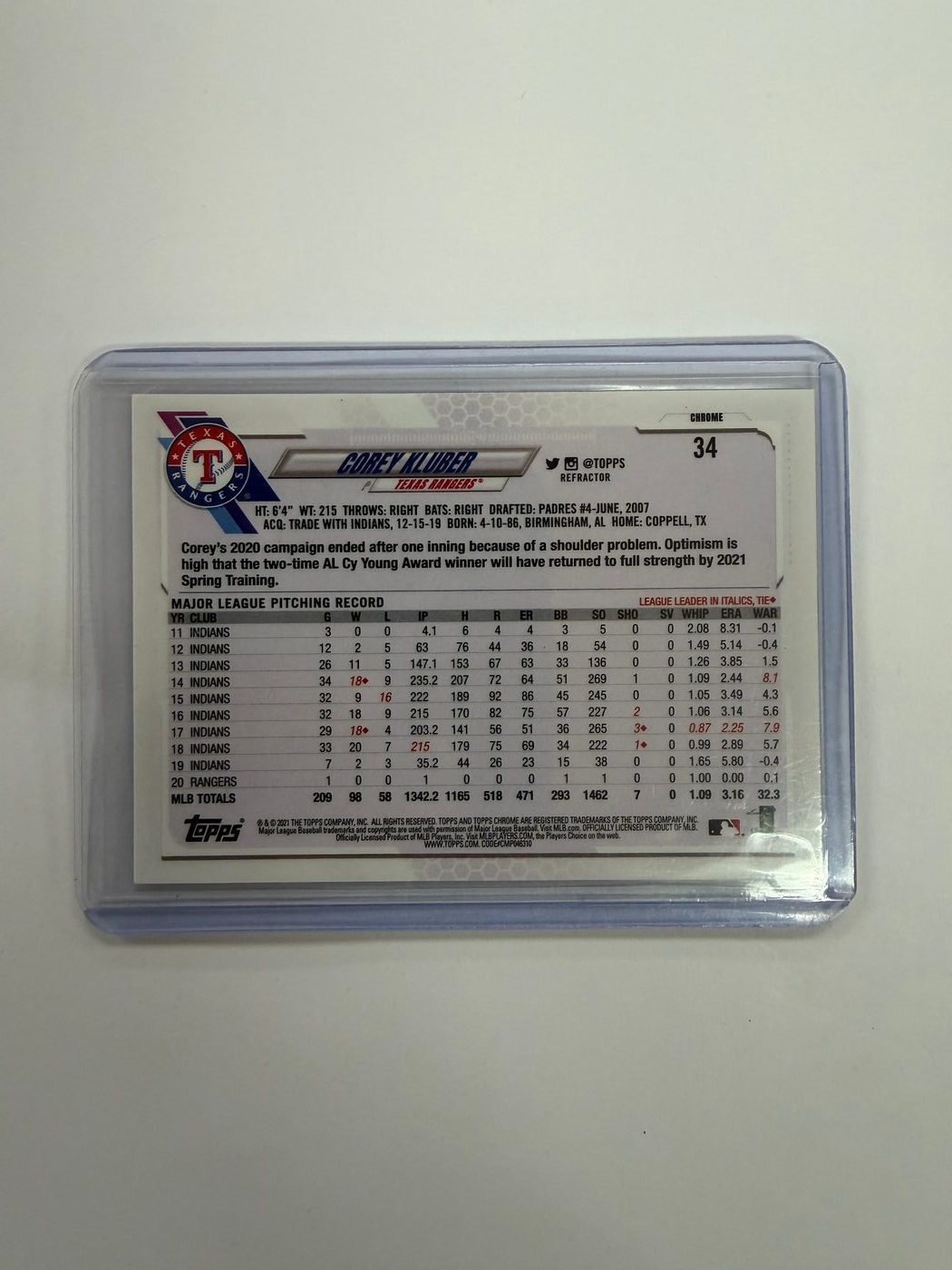 2021 Topps Chrome Silver Refractor Corey Kluber 2