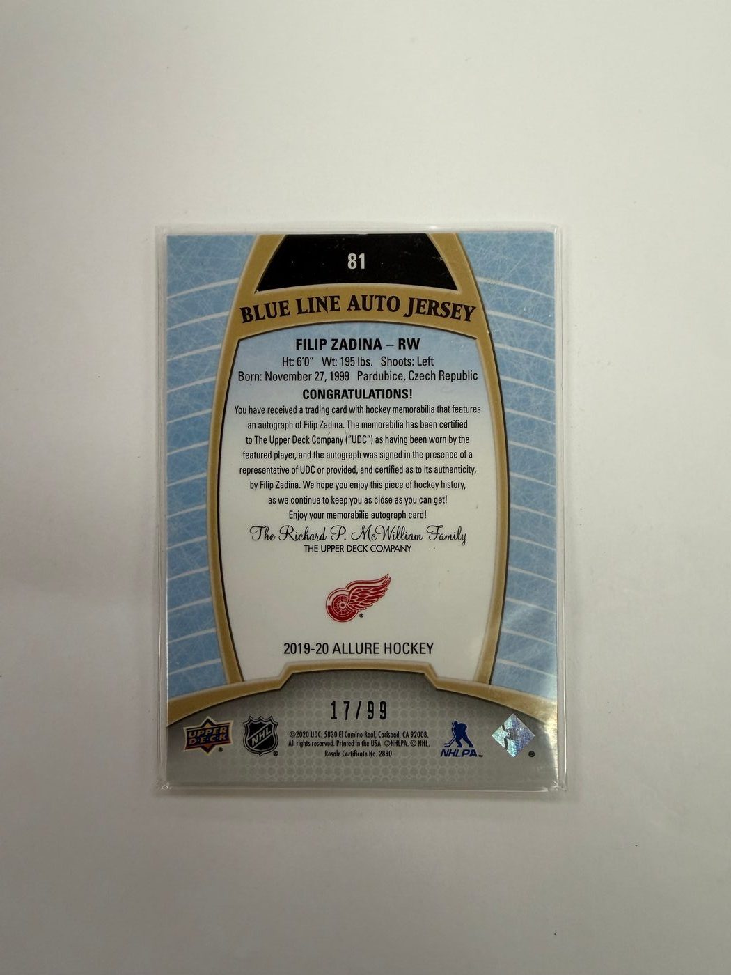 Filip Zadina Upper Deck 2019-20 Allure Blue Line Auto Jersey RC /99 2